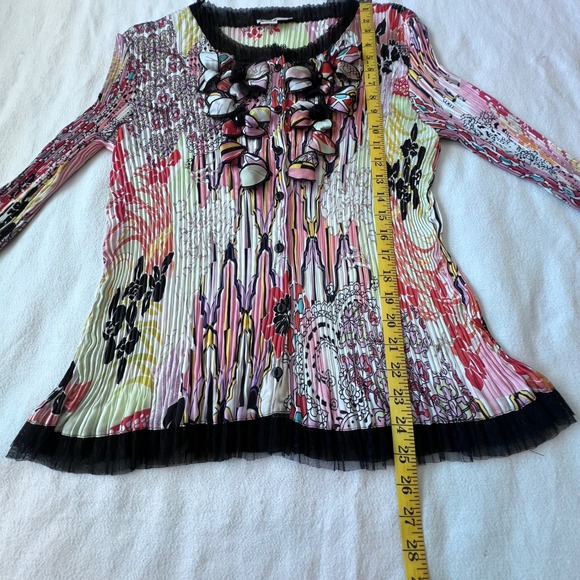 Alberto Makali Pleated Floral Cardigan 3D Applique Mesh Trim Multi Color XL NEW - Picture 6 of 8